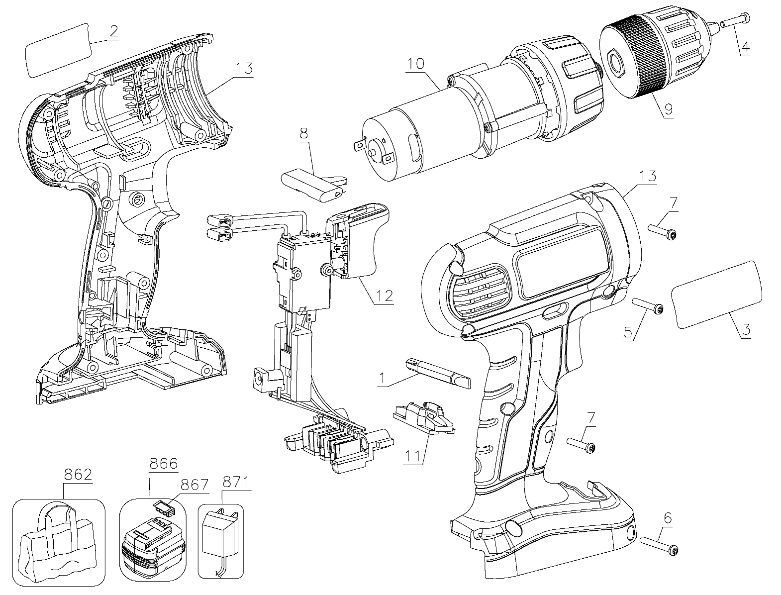 Default Diagram and Parts List for GC1200-B2 Type 1 Black and Decker Boring Machine